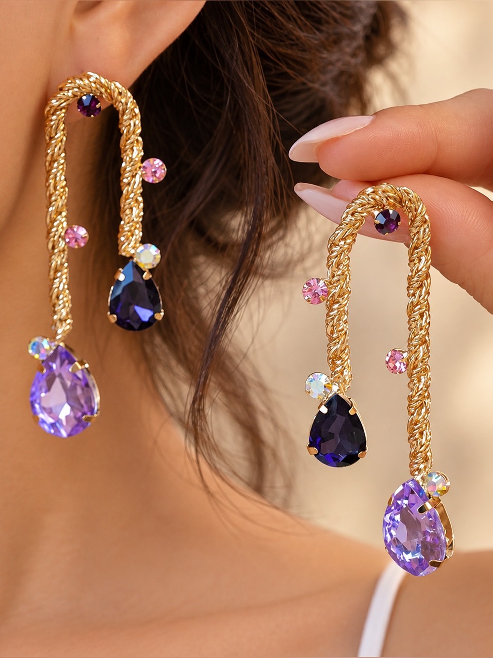 Gold  Drop Earrings with Purple Teardrop Crystals